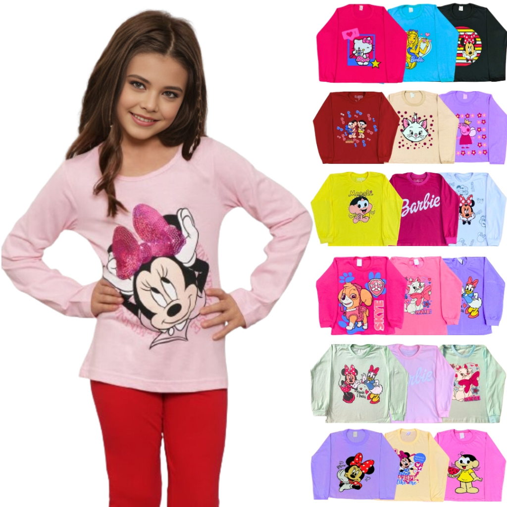 Kit 5 Camiseta infantil feminina manga comprida