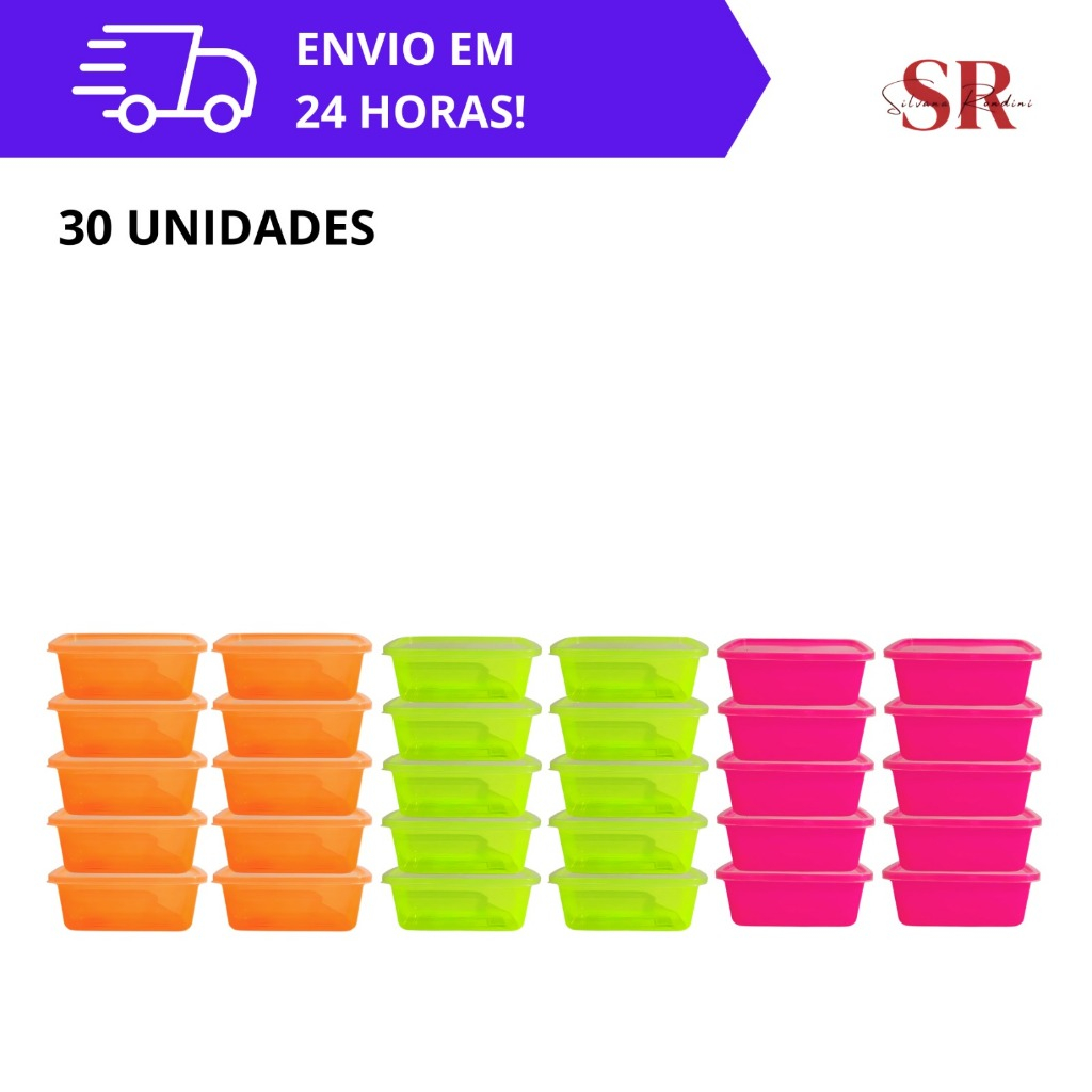 Kit 30 Potes 500ml  Neon Tampa Transparente BPA Free Marmita Fitness p/Alimentos Freezer/Micro-ondas