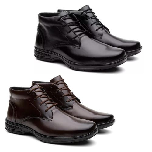 Kit 2 Bota Masculina Ortopédica Sola Antiestress Coturno de Couro Legitimo Botina Social Confortável