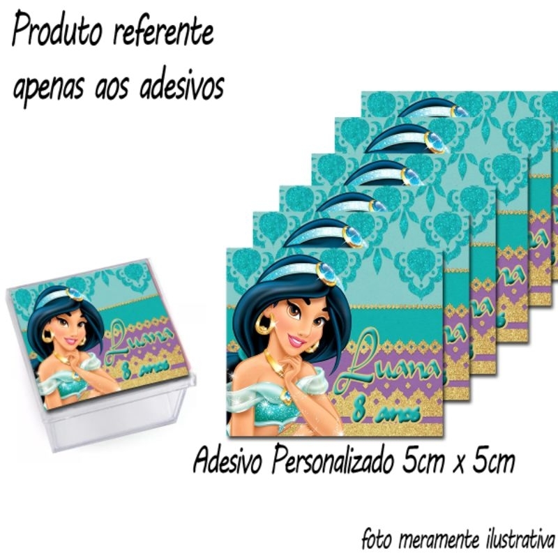 Adesivos personalizados Tema Jasmine Princesa 5cmx5cm para caixinha Acrilíca, Lembrancinha pra Festa
