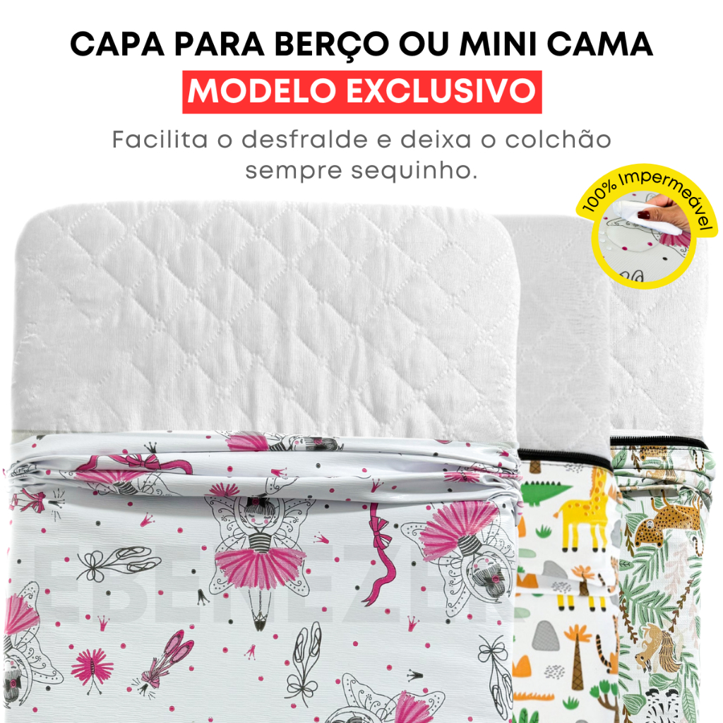 Protetor de Colchão Impermeável Capa Berço Mini Cama Safari, Bailarina e Floresta Antixixi