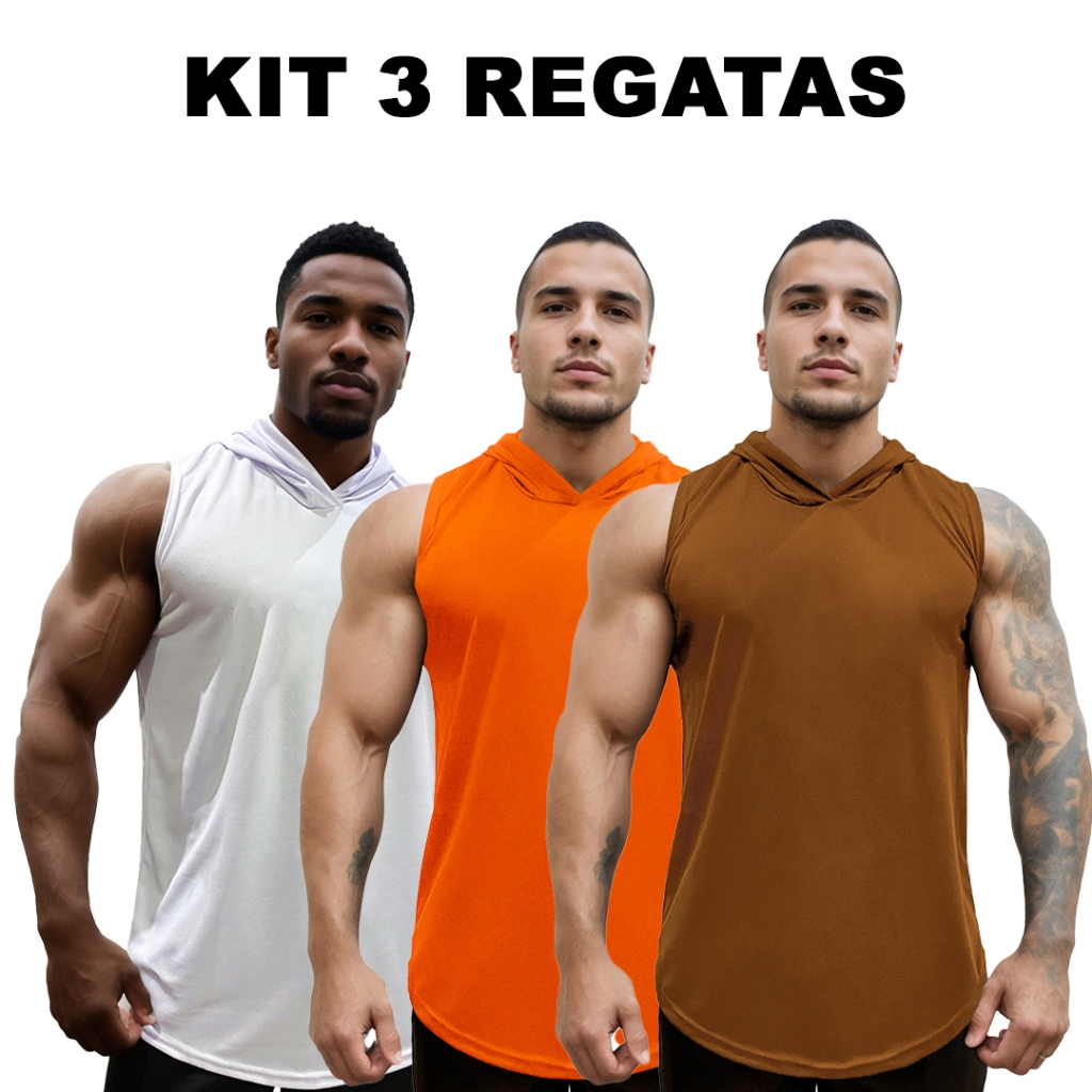 Kit 3 Regatas Branco + Laranja + Cores Dry Masculina Long com Capuz Básica Lisa Sem Estampa