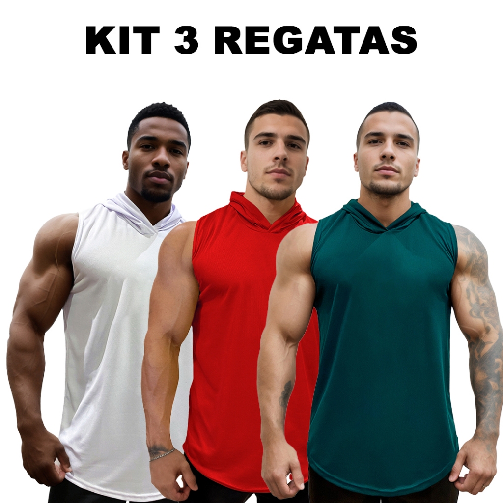 Kit 3 Regatas Branco + Vermelho + Cores Dry Masculina Long com Capuz Básica Lisa Sem Estampa