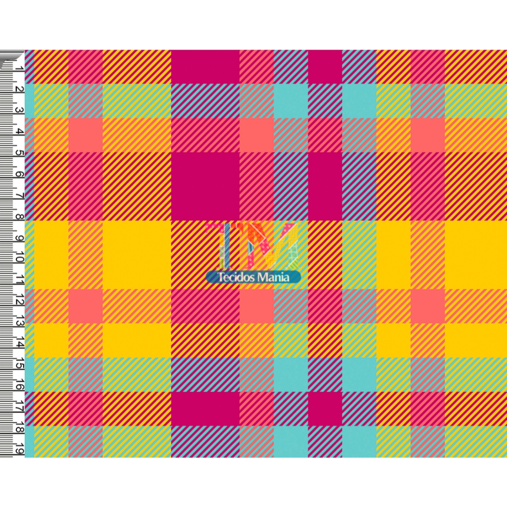 Tecido tricoline, microfibra ou gabardine estampado - Xadrez - tartan - amarelo com rosa - 0.50CM