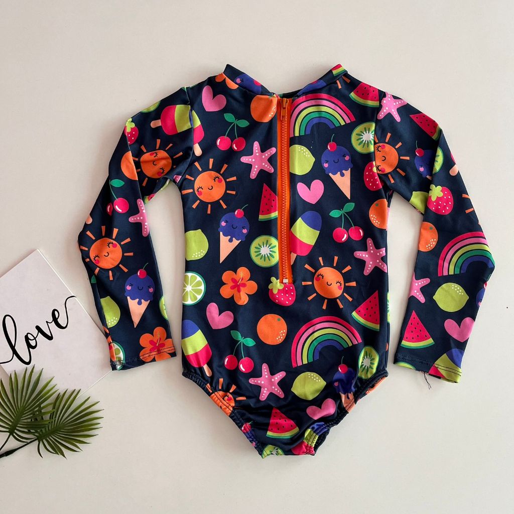 Maiô manga longa infantil juvenil com ziper - 2 ao 16 em Oferta na Shopee