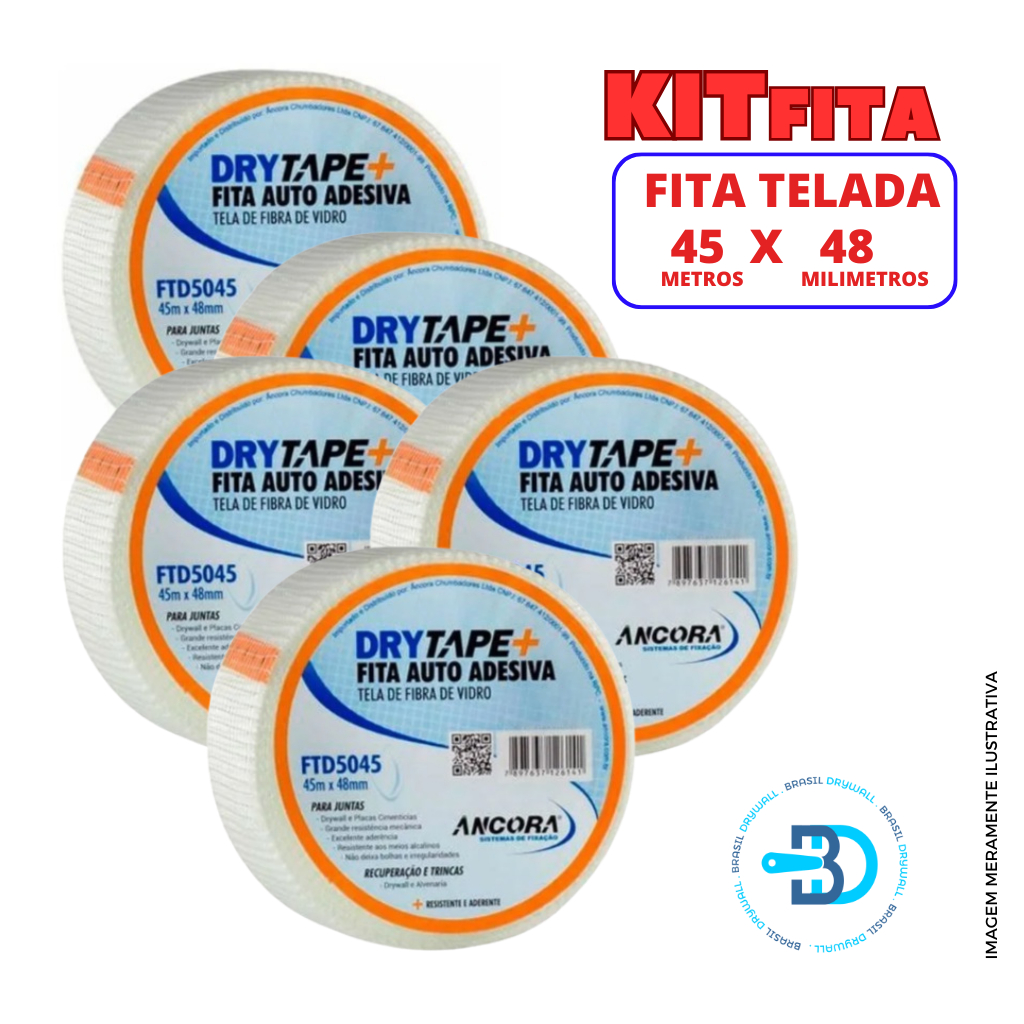 kit Fita Telada Drywall Adesiva Fibra Vidro branca Trincas Drytape 48mm X 45m FTD5045 Ancora