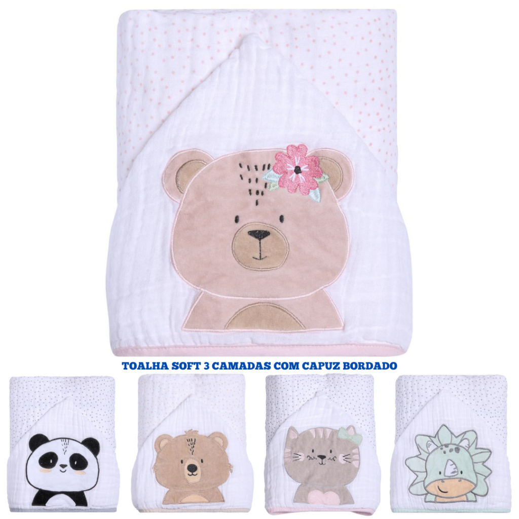 TOALHA PAPI FRIENDS 3 CAMADAS DE TECIDO SOFT INFANTIL BEBÊ 90cmX75cm C/ CAPUZ DE BICHINHO PAPI