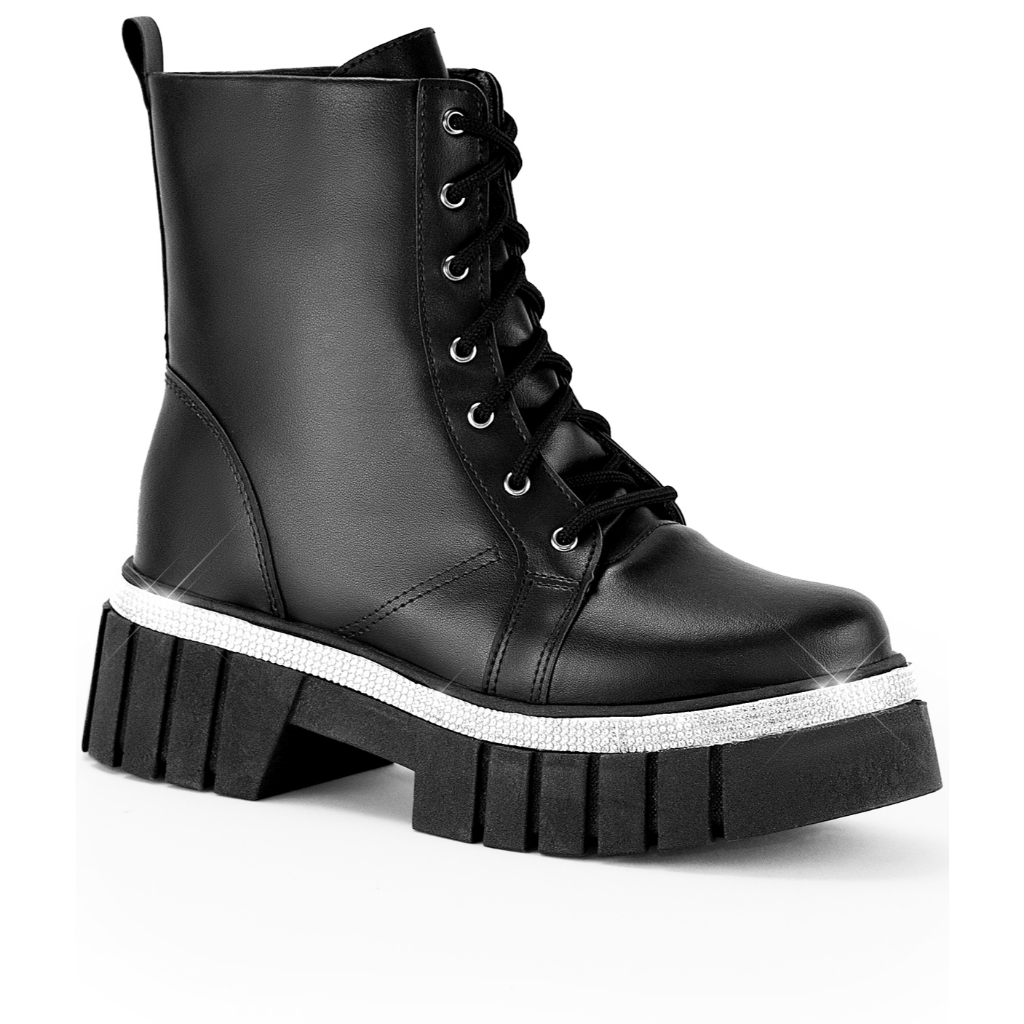 Coturno Feminino Lumiss Tratorado Bota Strass Brilho Cristal Plataforma Confortável Cano Curto