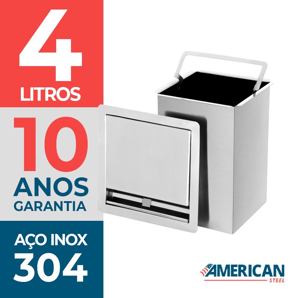 Lixeira Quadrada Pia Cozinha Embutir 4 L Inox 304 Não Enferruja
