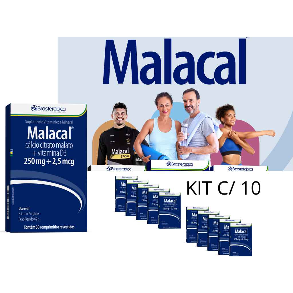 Kit 10 Uni Malacal Suplemento Vitaminico Citrato Malato Cálcio e Vitamina D3