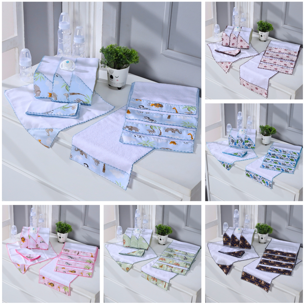 Kit 5 Fraldinhas de Boca Overlocadas + 5 Toalhinhas de Ombro Estampas Safari 100% Algodão
