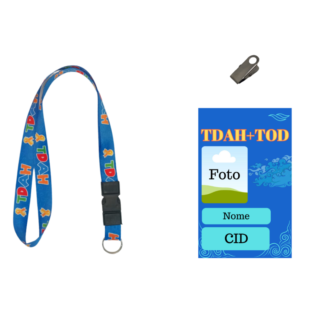 Kit Cartão Crachá Polímero Identificação Personalizado TDAH e TOD + Cordão TDAH Azul Novo + Jacaré