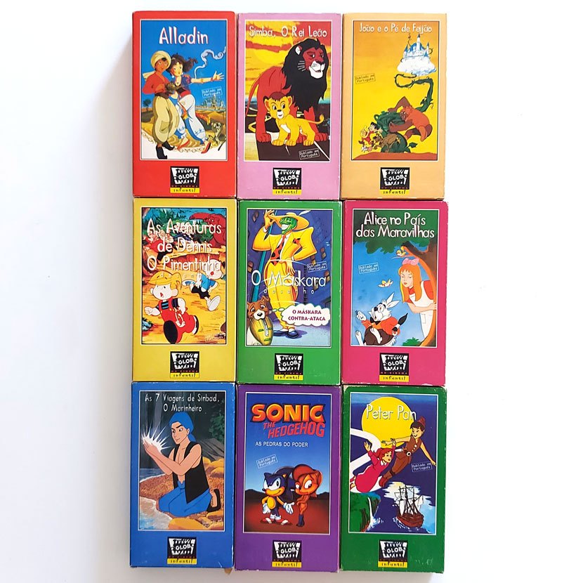 9 Vhs Coleção Globo Cinema Infantil - Dublado Em Português - alice no país das maravilhas / alladin / joão eo  pé de feijão / as aventuras de dennis o pimentinha / simba, o rei leão / o máskara / As 7 Viagens de Sinbad / Sonic The Hedgehog / Peter Pan