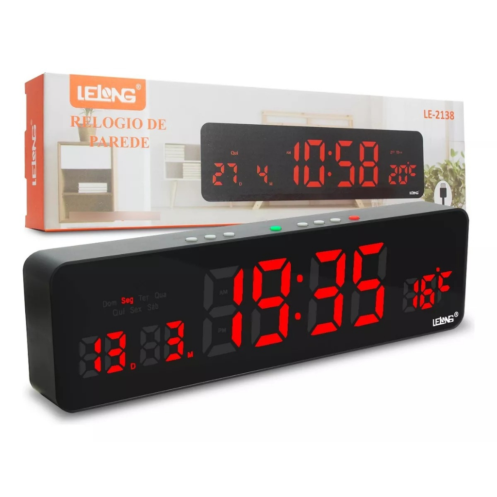 Relógio Digital 31x9CM Para Parede LeLong Alarme Calendário Temperatura Ajuste Automático em Oferta na Shopee