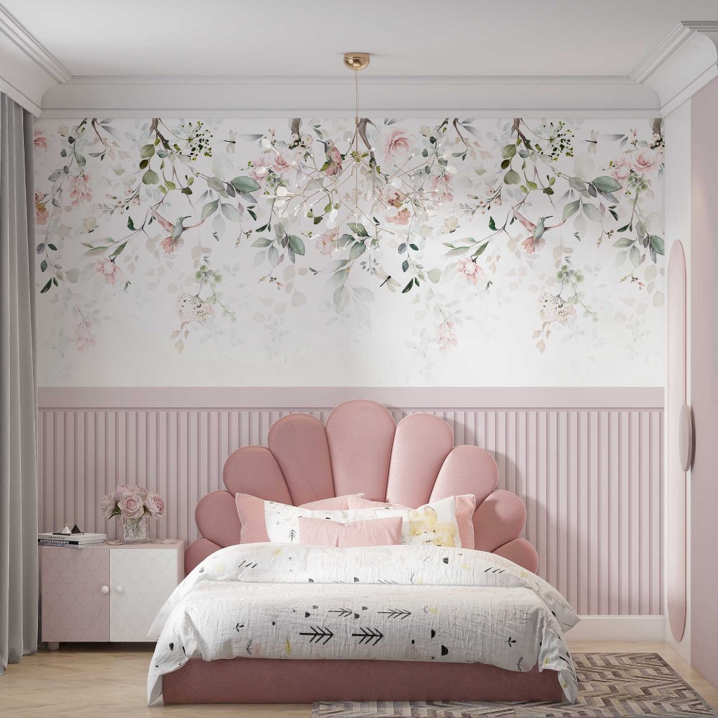 Papel de Parede Adesivo Ripado Floral Rosa Bebê Flores Suspensas - Vinil Autocolante