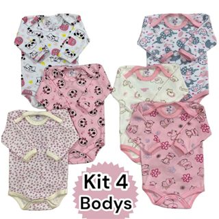 Kit 4 Bodys Bebê Manga Longa Estampado Canelado Menino e Menina TAM RN ao GG em Oferta na Shopee