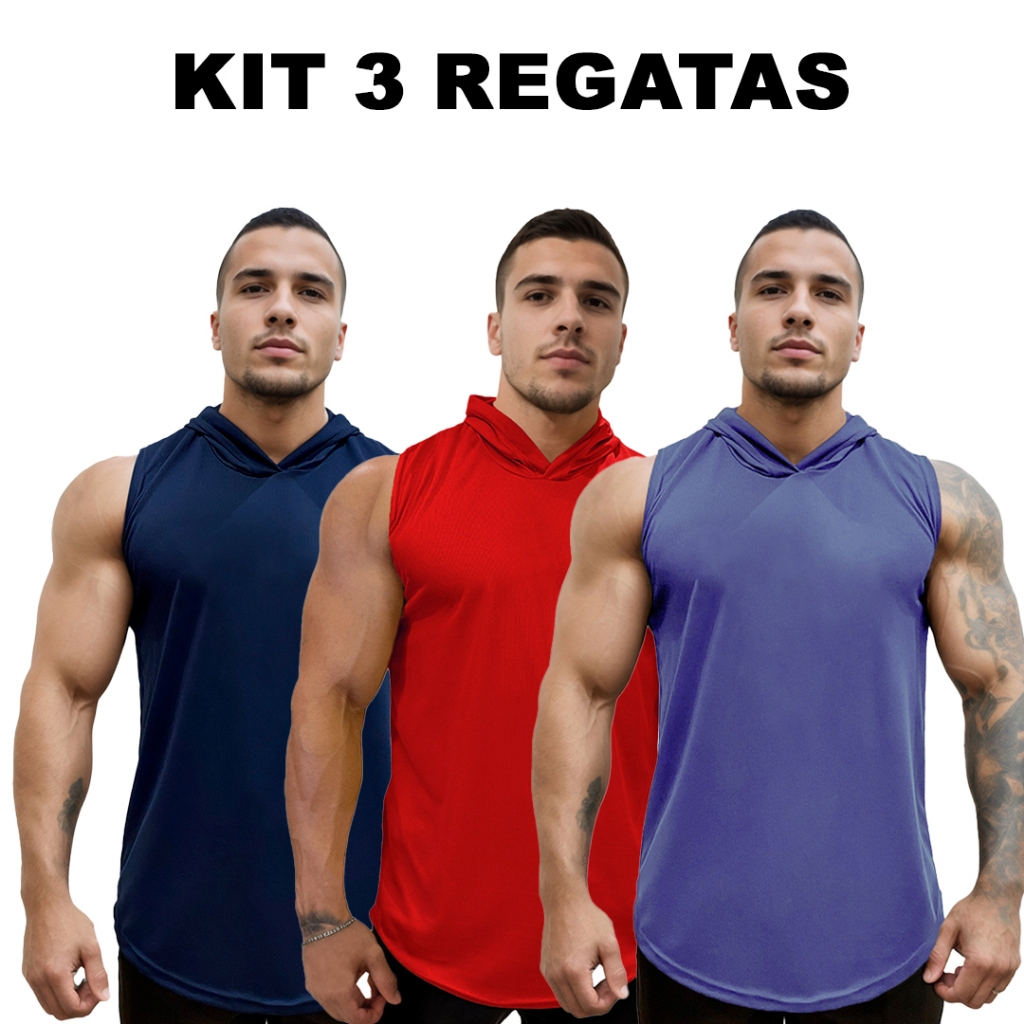 Kit 3 Regatas Marinho + Vermelho + Cores Dry Masculina Long com Capuz Básica Lisa Sem Estampa