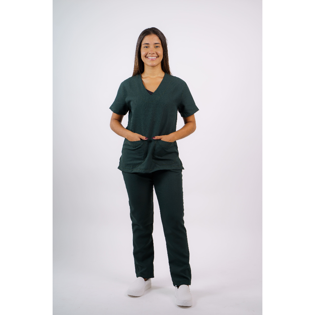 Pijama Hospitalar Conjunto Camisa e Calça Feminino Oxford - VERDE MUSGO em Oferta na Shopee