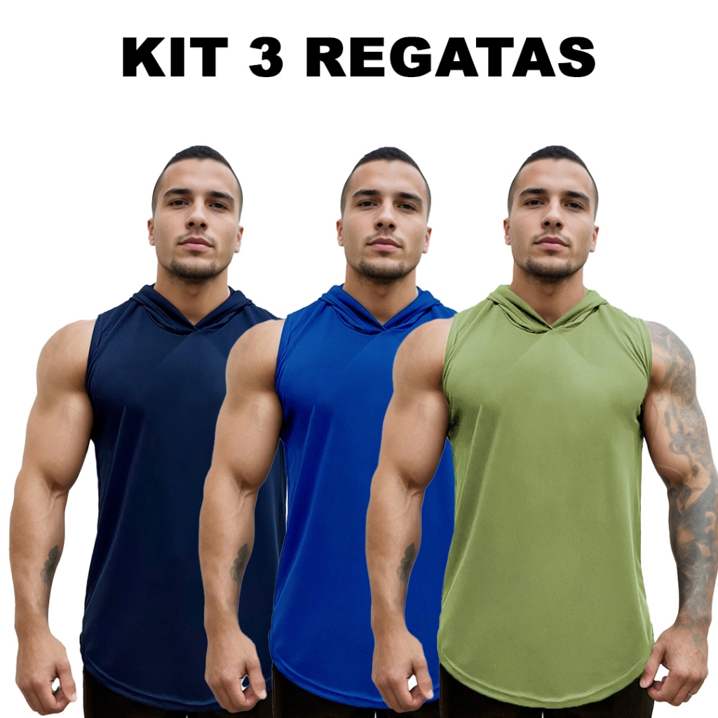 Kit 3 Regatas Marinho + Azul Royal + Cores Dry Masculina Long com Capuz Básica Lisa Sem Estampa