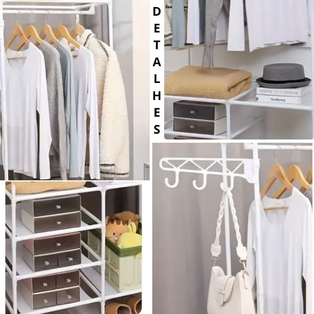 Arara Armário Com Sapateira Cabideiro e Prateleiras Guarda Roupa Portátil Arara Multifuncional Organizador Desmontável