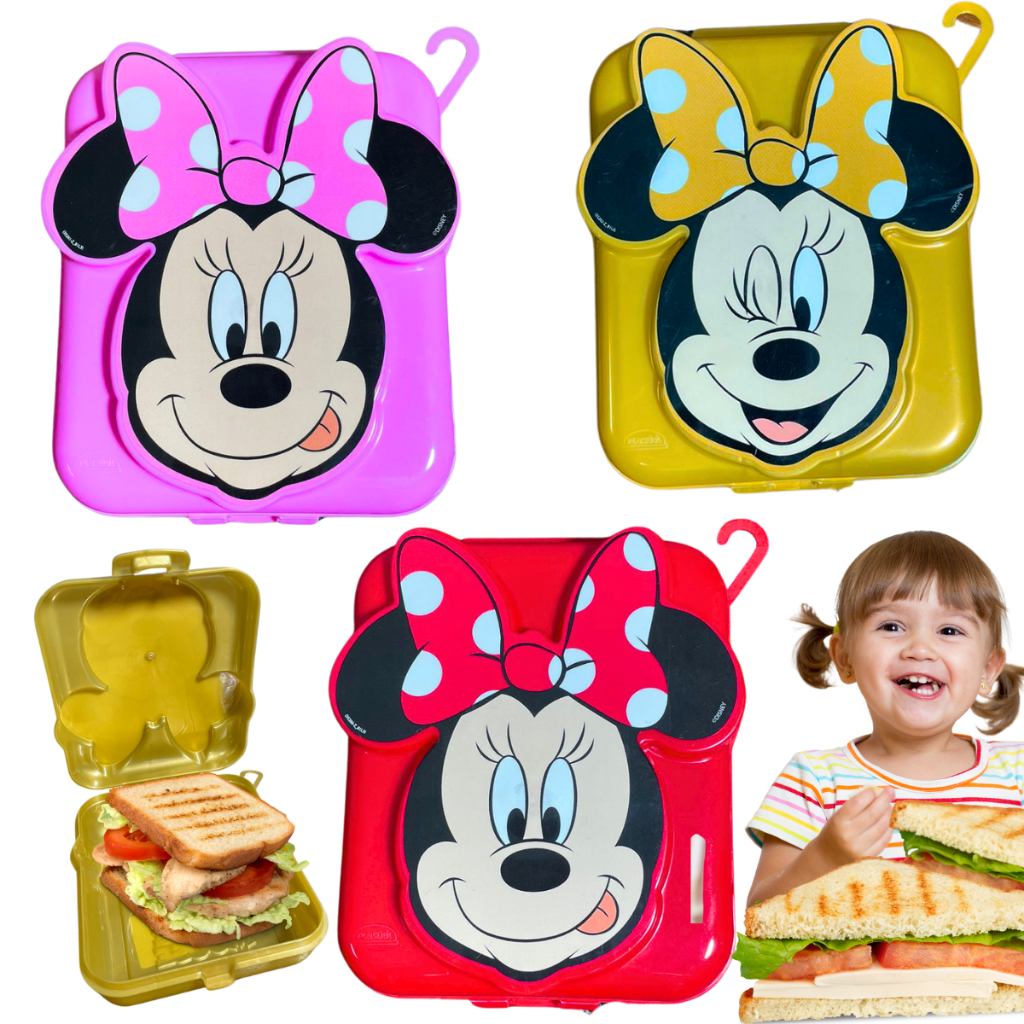 Porta Sanduíche Minnie Vasilha Plástica Alimento Biscoito Lancheira Escolar Merendeira Misto Potinho Infantil Disney