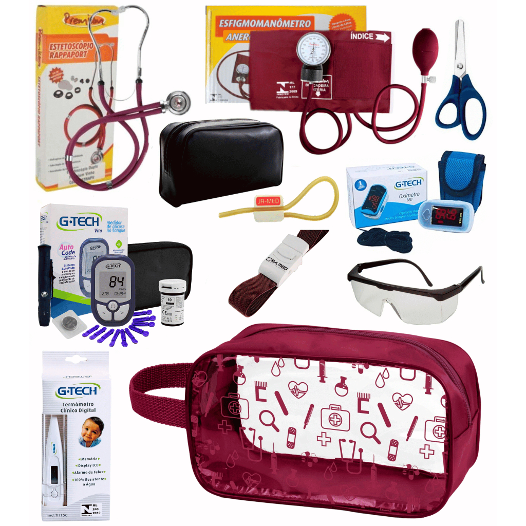 Kit Material Enfermagem Aparelho De Pressão Estetoscópio Rappaport Duplo Premium Nécessaire + Oximetro G-TECH ORIGINAL