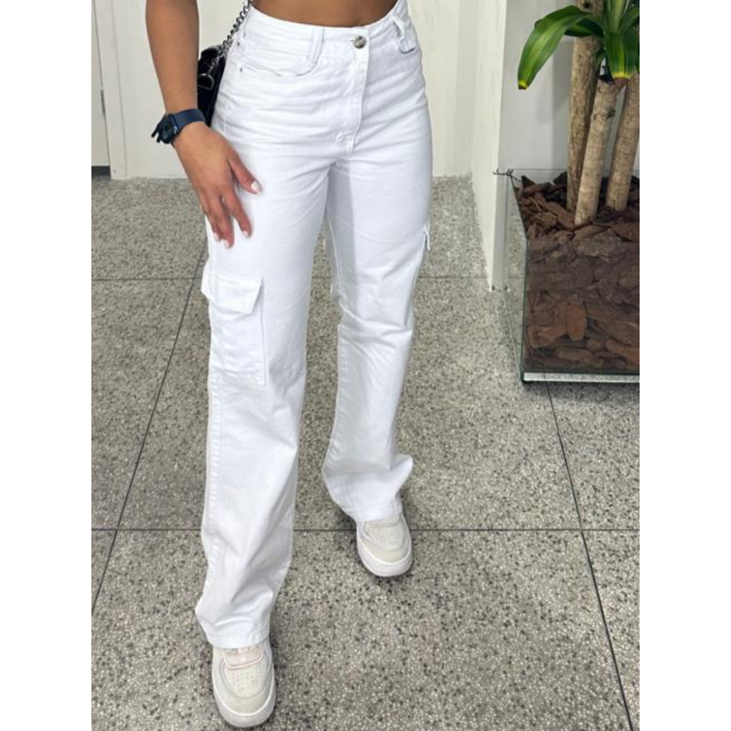 1578 Calça Jeans wideleg cargo Branco-feminina em Oferta na Shopee