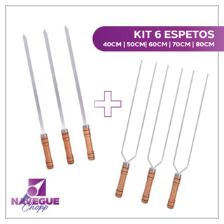 Kit 6 Espetos Churrasqueira Churrasco Cabo Madeira 3 Chato 3 Duplo em Oferta na Shopee