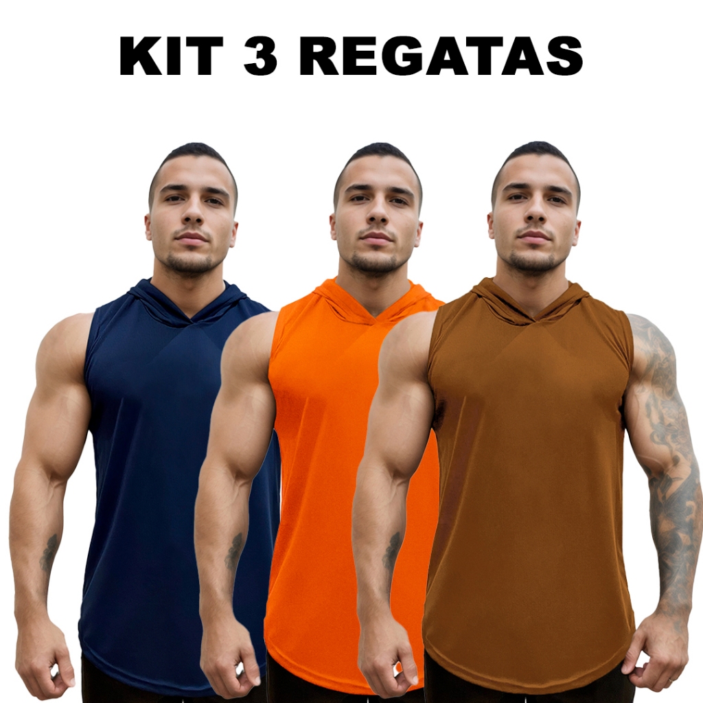 Kit 3 Regatas Marinho + Laranja + Cores Dry Masculina Long com Capuz Básica Lisa Sem Estampa