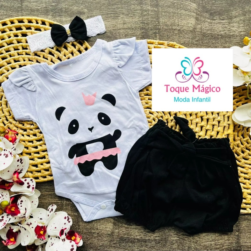 Conjunto Bebe Romper Body Bory Menina Tematico Mesversario Verao Pandinha Panda 100% Algodão.