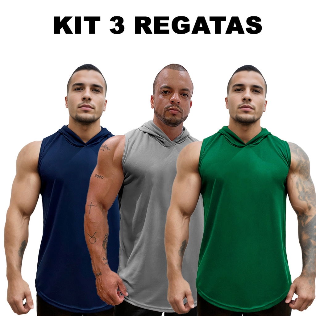 Kit 3 Regatas Marinho + Metal + Cores Dry Masculina Long com Capuz Básica Lisa Sem Estampa