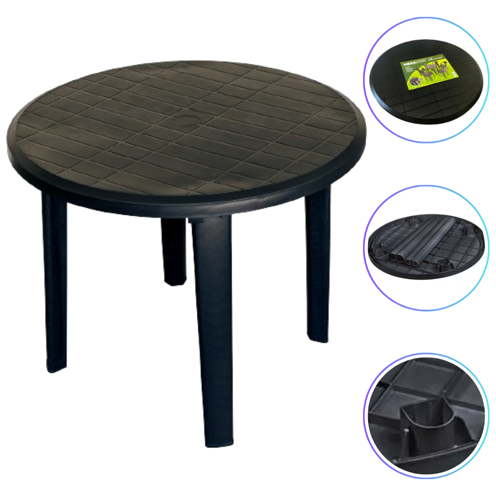 Mesa Plástico Redonda Desmontável Jardim Preta Dobravel
