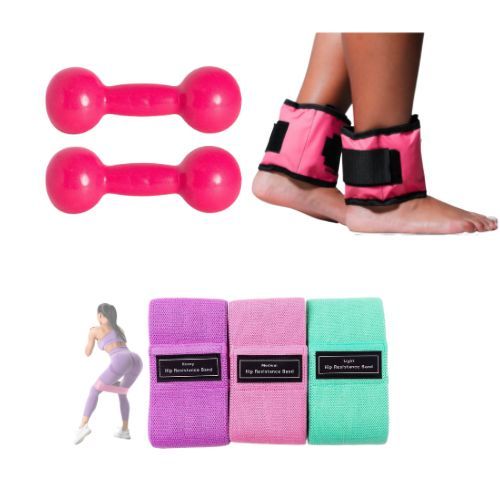 Kit Funcional Par de Halter 3kg Emborrachado + Par de Caneleira 3kg + 3 Mini Band Exercícios em Casa