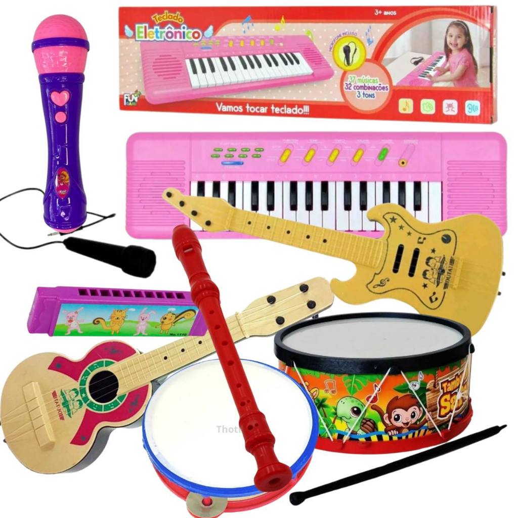 Kit 8 Instumentos Infatil Microfone Teclado Rosa Viola Brinquedo Pandeiro Tambor Menina