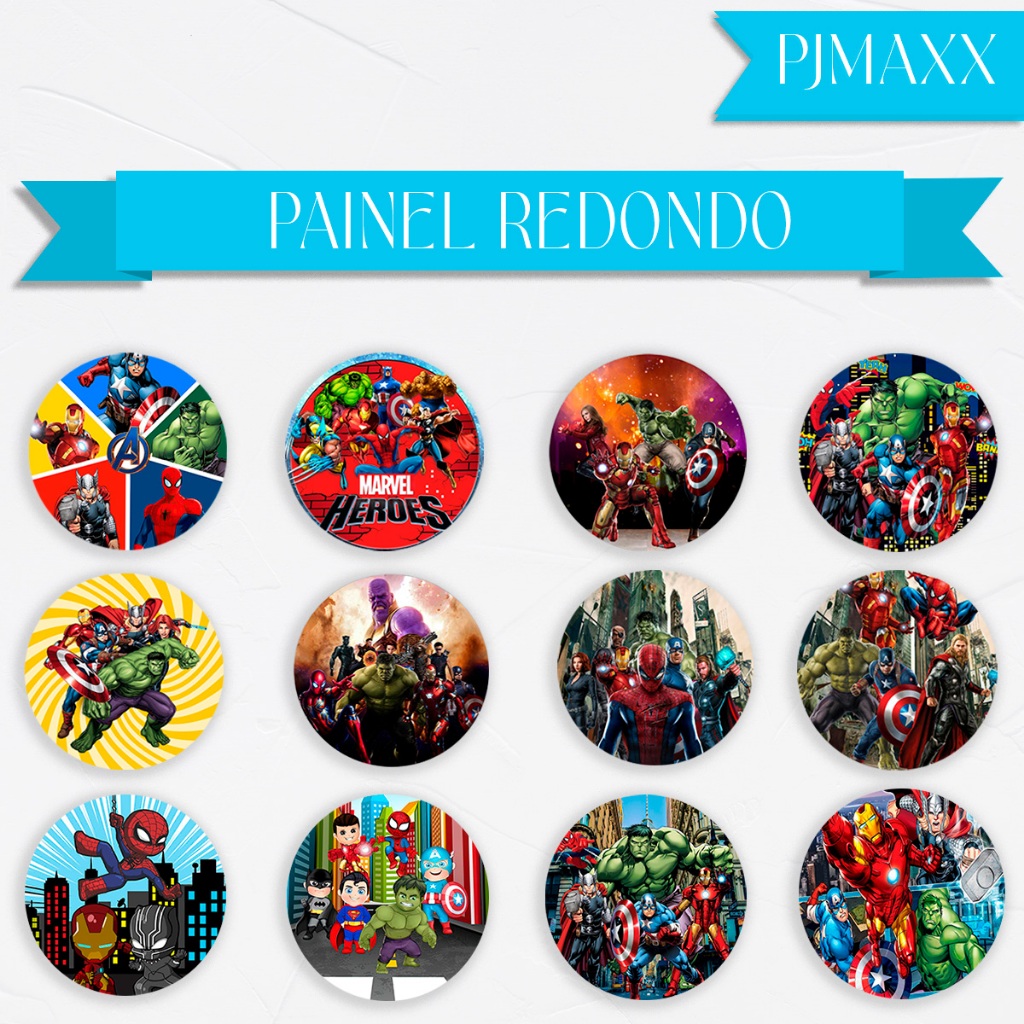 Capa Para Painel Redondo Tema Vingadores Homem de Ferro Thor Homem Aranha Cenário Malha Sublimada