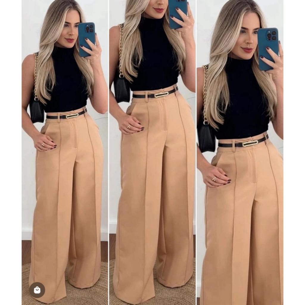 Calça Alfaiataria Feminina Cintura Alta Com Cinto Social Elegante Moda Executiva Premium