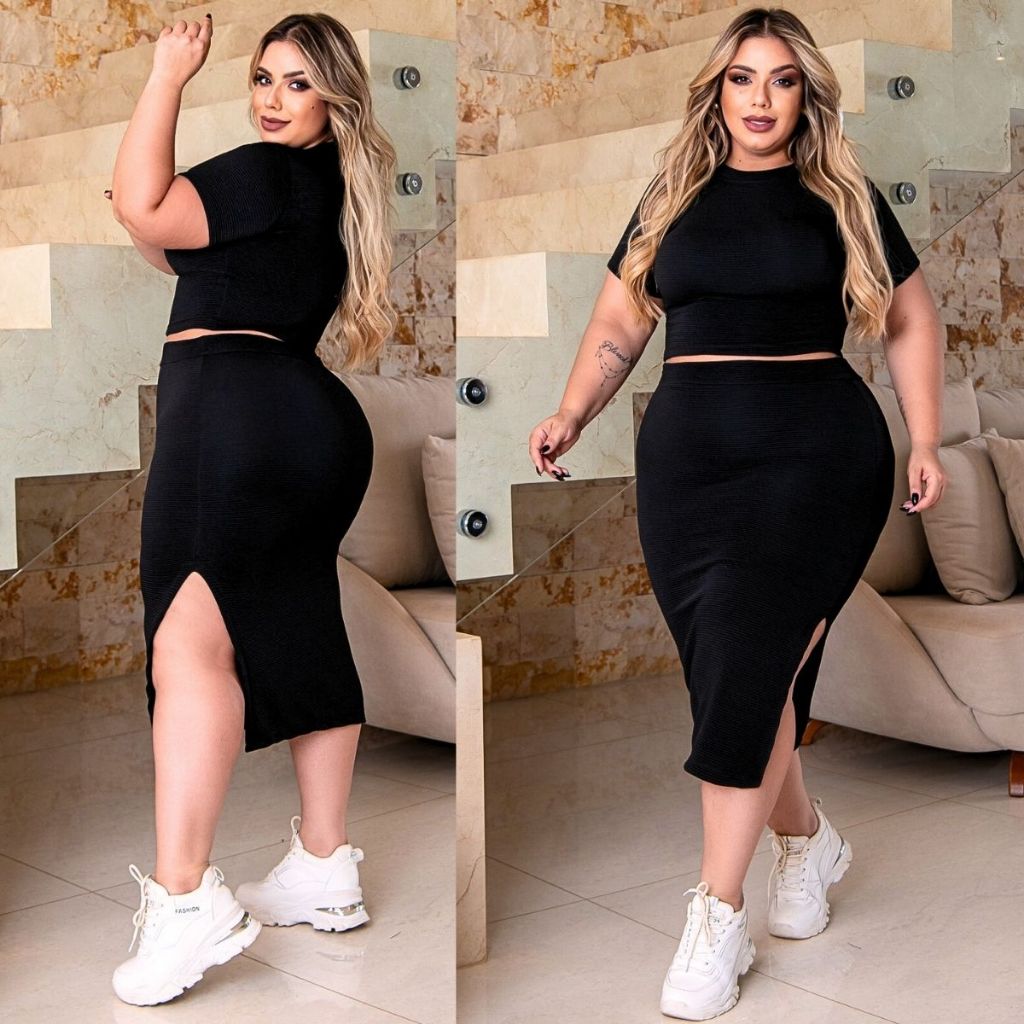 Conjunto Feminino Saia Plus Size Com Fenda Lateral Cropped Manga Curta até 52