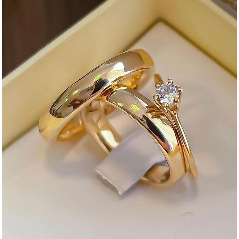 Par Aliança Casamento Noivado 6mm Moedas Antigas + 1 Anel Solitário Aço Inoxidável Banhada Ouro 18k
