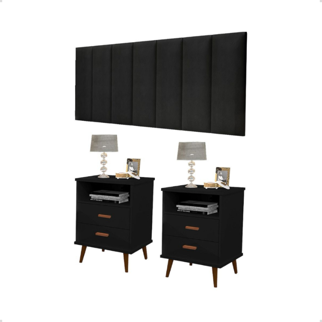 kit para quarto italia 1,60 - 2 mesas de cabeceira e 1 cabeceira madri para cama queen 1,60 - preto
