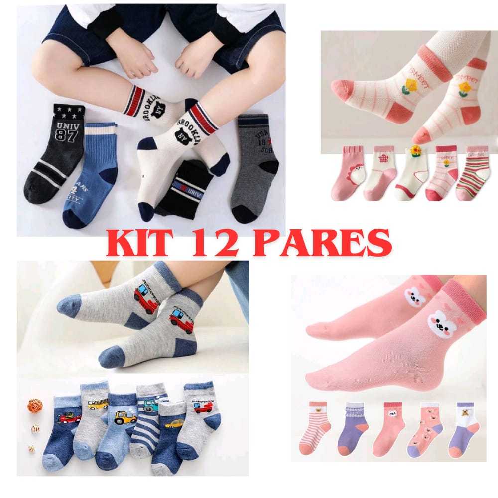 Kit com 12 pares de Meias infantil Menino/ Menina Cores e Estampas variadas em Oferta na Shopee