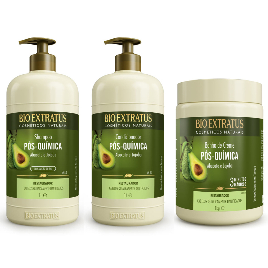 Kit Pós-Química Restauração (Shampoo, Condicionador e Banho de Creme Bio Extratus - 1L )