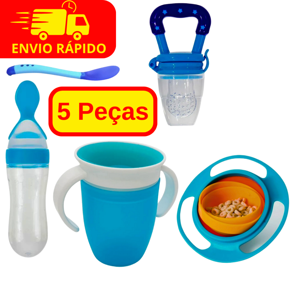 Kit 5 Peças Introdução Alimentar Infantil Prato + Copo + Chupeta Mordedor de Frutas + Colheres