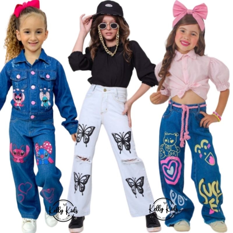 Calça Jeans Infantil Wide Leg Pantalona. em Oferta na Shopee