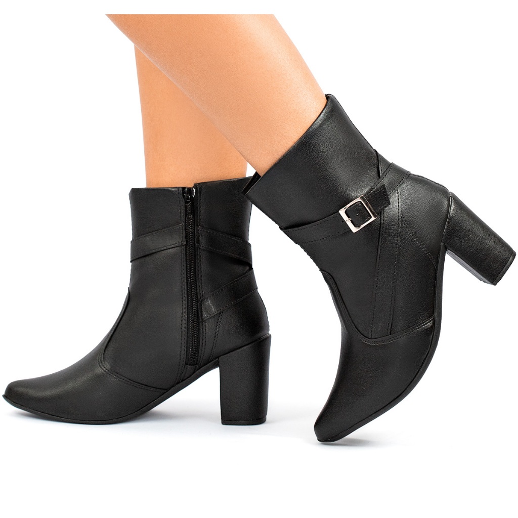 Bota Feminina Lumiss Bico Fino Cano Curto Salto Alto Grosso Confortável Blogueira Macia