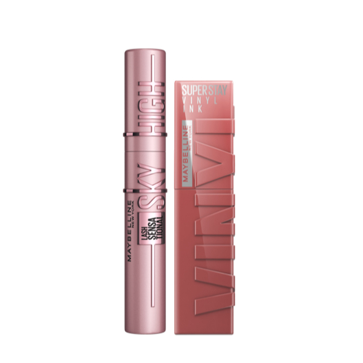 Kit Maybelline 01 Máscara de cílios lavável Sky High + Batom Líquido SupersStay Vinyl Ink  Cheeky