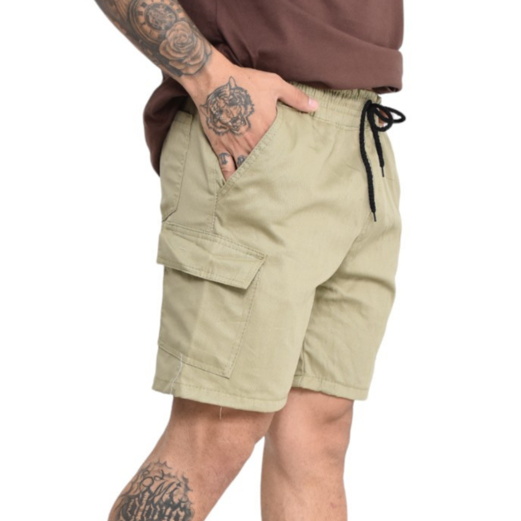 Bermuda Masculina Brim Cargo 5 Bolsos Com Elástico
