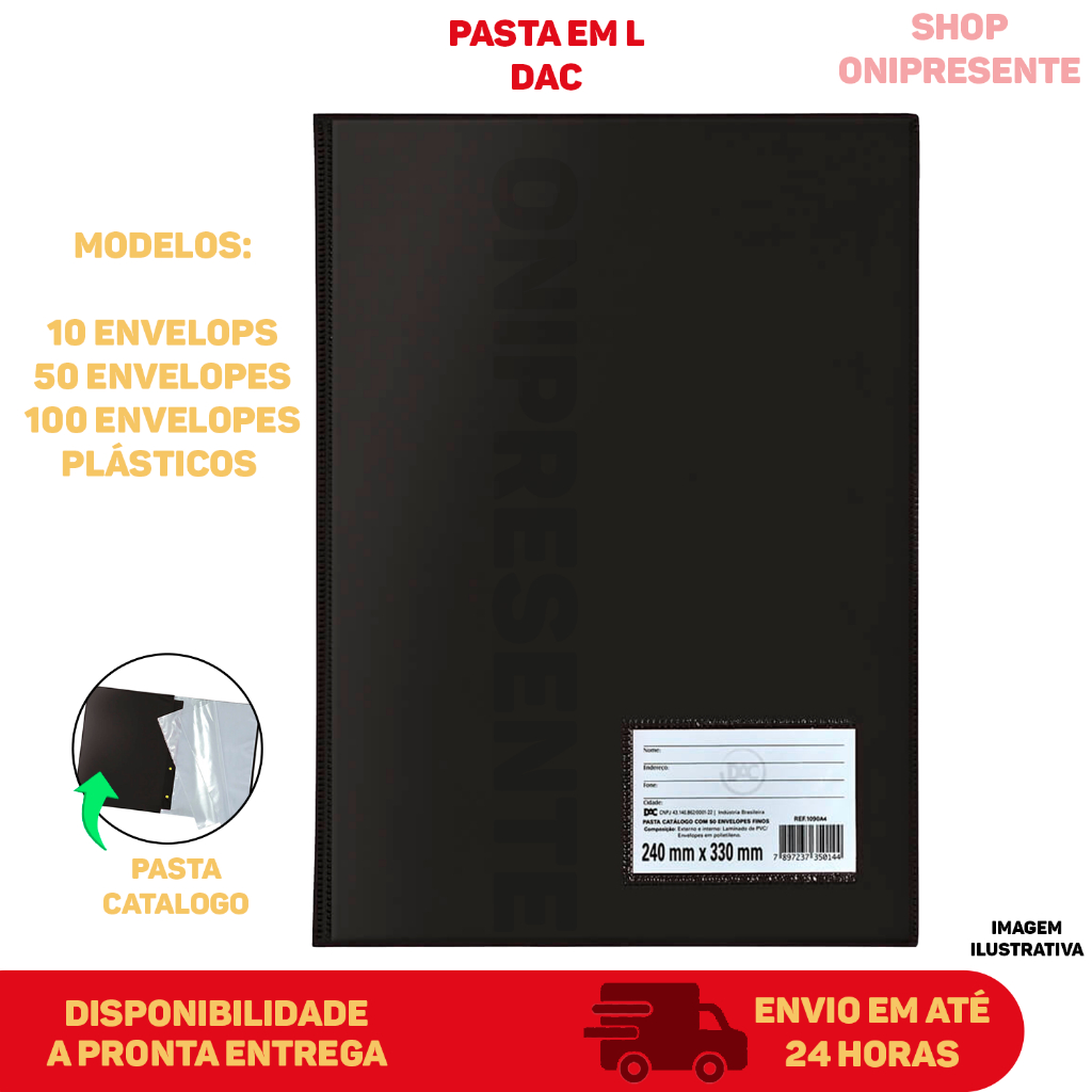 Pasta Com Envelope Catalogo Preta Para Documentos Com Visor e 10, 50 e 100 Envelopes