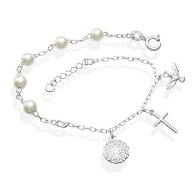 Pulseira Feminina de Prata 925 Pérola e Pingentes Religiosos pendente em Oferta na Shopee