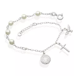 Pulseira Feminina de Prata 925 Pérola e Pingentes Religiosos pendente