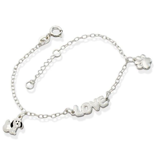 Pulseira Feminina de Prata 925 Cachorro Pata e Love Reticulado - Fashion Accessories